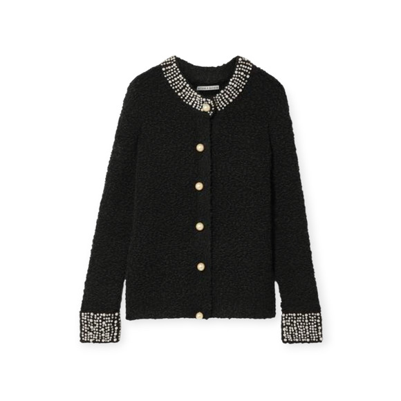 Alice + Olivia Devona Crystal Pearl Embellished Wool Blend Bouclé Black Cardigan - Picture 2 of 8